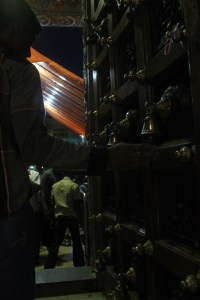 Worshippers ring the bells at the temple's doorway to announce their entry and exit to the gods. 