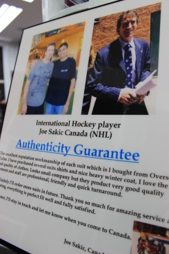 Joe Sakic's authenticity guarantee of Overseas' Tailor's suits.